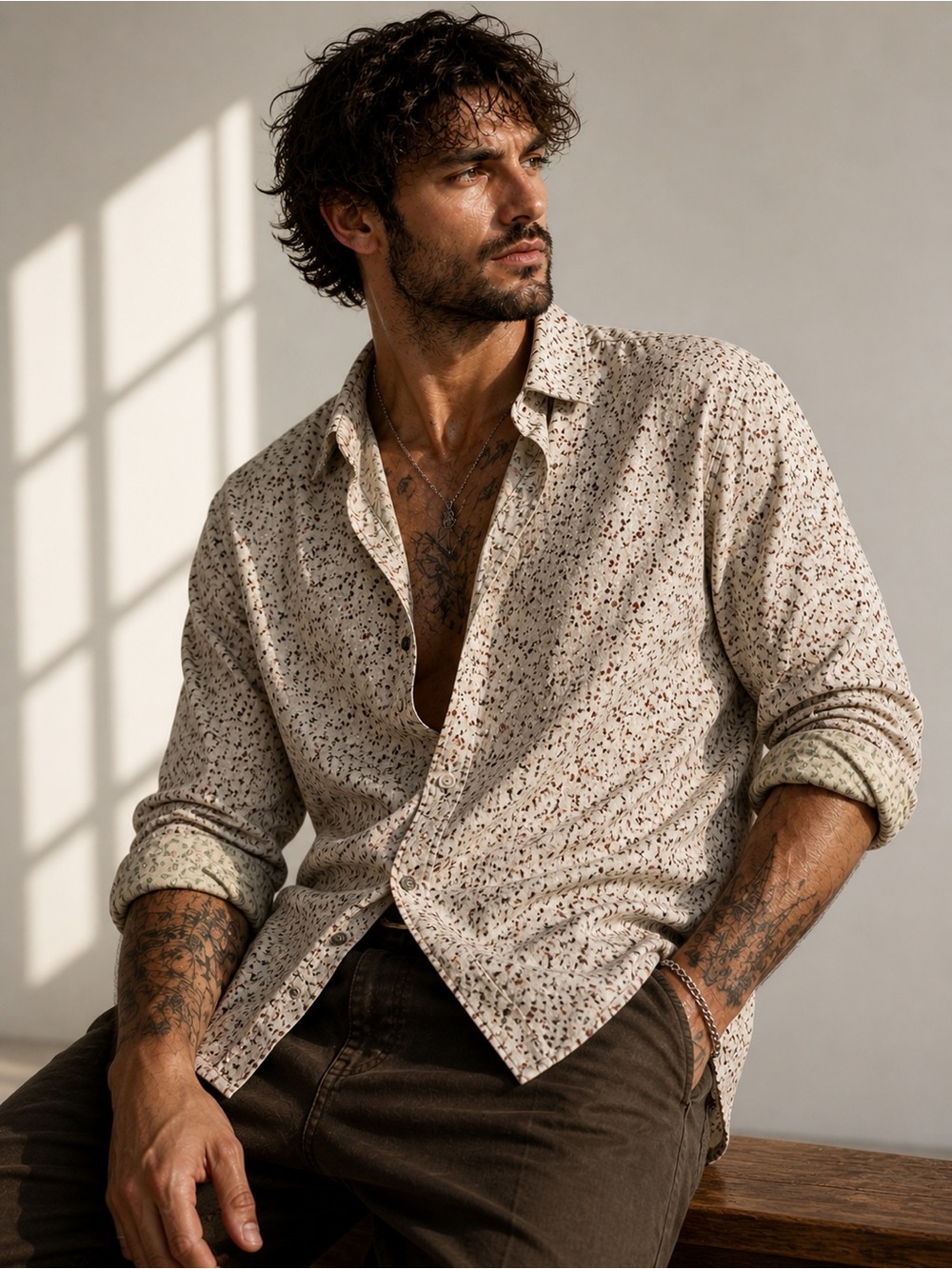 NoCode Floral Long Sleeve pure Linen &cotton in Large ecru white Button-Up Shirt